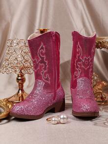 1 Pair Girls' Colorful Embroidered Sequin Synthetic Leather Round Toe Mid-Top Zipper Chunky Heel Western Style Shoes, Suitable For Everyday And Party Wear - Hot Pink - View 3