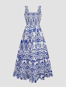 Women's Long Floral Print Strap Maxi Dress, All-Over Print Bohemian Casual Ruffle Tie Front Dress - Multicolor - View 2
