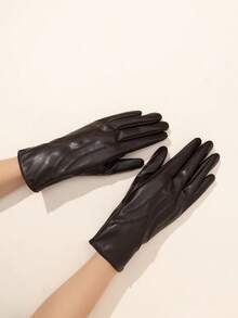 1 双纯色优雅休闲 PU 皮革刺绣全指触屏女士手套，成人时尚保暖手套，适合所有季节，秋冬季，户外骑行，仿羊皮 - A - 查看 8