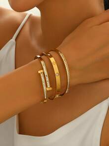 3 件套防水奢华多色立方氧化锆手镯,不锈钢开口手镯,18K 镀金时尚首饰,女士首饰,黄金首饰,女士手镯配饰,女士不锈钢手镯 - 金黃色 - 查看 13
