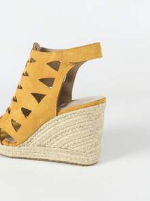 Women's Yellow Wedge & Platform Slip-On Shoes Wedge & Platform Hemp Rope Sole Hollow Laser Cut Open Toe Sandals Hemp Rope Foam Bottom Sandals - Yellow - View 4