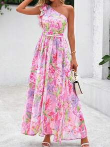 Women Summer Dress Floral One Shoulder Sleeveless Smocked Ruffle Flowy Long Dress With Pocket Boho Beach Vacation Holiday Wedding Guest Valentine Maxi Dress Outfits - 粉色 - 查看 1