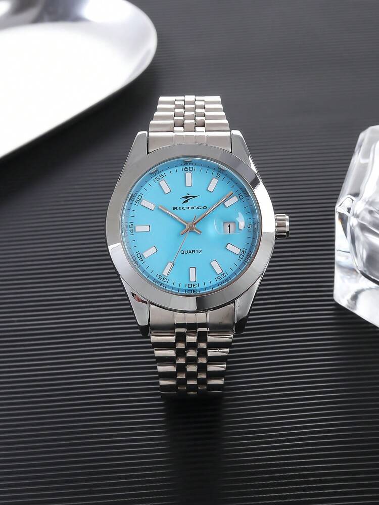 Reloj de cuarzo clásico para hombres RICECGO, estilo de negocios, esfera redonda, función de calendario, correa de acero inoxidable, adecuado para uso diario, un regalo ideal para cumpleaños u ocasiones especiales, también un reloj asequible para volver a la escuela - Plateado - Añade 17