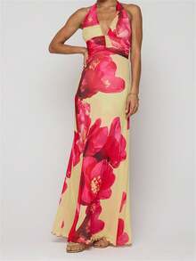 Womens Boho Floral Print Halter Maxi Bodycon Dress Summer Sexy Backless Flowy Long Dresses Beach Vacation Sundress - 紅色 - 查看 4