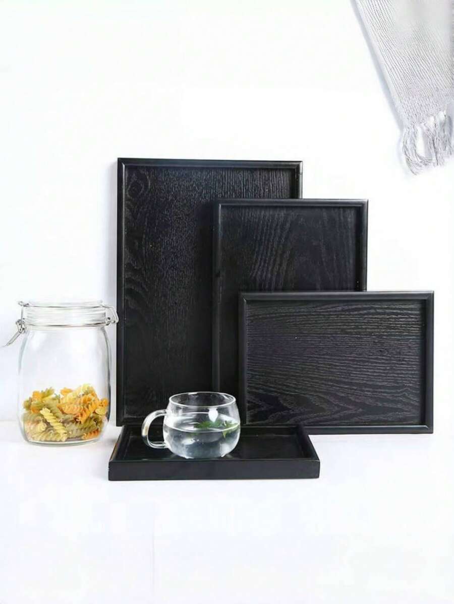 1PC 黑色木质托盘适用于咖啡馆、家庭、甜点、茶、面包、小吃和杯子。也适用于食物、蛋糕、沙拉、水果、寿司、饮料、牛排、披萨和带有纹理的哑光饰面服务盘。 - 黑色 - 查看 1