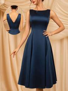 MOEVIO Women's Elegant Round Neck Satin Backless Aline Short Formal Evening Prom Cocktail Mini Dress Wedding Guest Bridal Shower Graduation Vacation Gown, Fall Homecoming Back-To-School Occasional Halloween Christmas New Year Dresses For Women