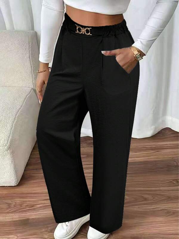 Fashion Women's Casual Straight Leg Pants With Metal Waist Decor