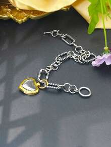 1pc Women's Stainless Steel Heart-Shaped Cable Twisted Compound Bracelet, Fashionable And Elegant Jewelry Accessory Suitable For Daily Wear - Multicolor - View 5