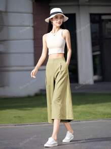Pantalones capri de pierna ancha y holgados con bolsillo y unicolor para mujer, aptos para uso diario, casual, al aire libre y vacaciones