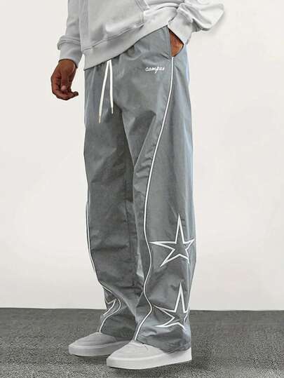 Men's Star & Letter Print Straight Leg Loose Casual Pants, Versatile College Style, Suitable For All Seasons