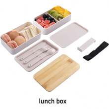 1 pieza Caja Bento de doble capa, caja de almuerzo con estampado de madera con gran capacidad, recipiente de preparación de comida apto para microondas para estudiantes y trabajadores de oficina, útiles escolares