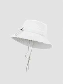 1pc Women's Spring Summer Autumn Solid Color Fringe Drawstring Bucket Hat, Large Brim For Sun Protection, Adjustable Headband, Fashion Accessory