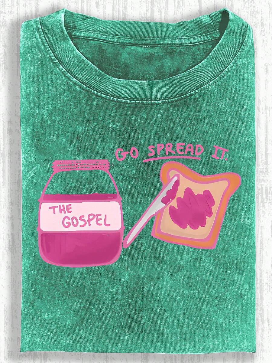 230g Washed, Strawberry Jam Printed T-Shirt, High-Quality Wax Printed Cotton Retro Fashion Brand T-Shirt, Men's T-Shirt, Beach Essential, Summer T-Shirt, Holiday Gift, Perfect Gift - 草綠色 - 查看 1