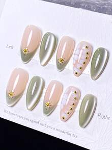10 Móng Tay Kiểu Pháp Xanh Lá Cây Tươi Mát Và Lấp Lánh, Họa Tiết Mắt Mèo, Hoa Văn Tinh Tế, Gel Kéo Tạo Hiệu Ứng Sóng Nước, Bề Mặt Móng Màu Hồng Phấn Trang Trí, Hoa Năm Cánh Trắng Và Vỏ Sò Vàng Đính Kèm, Vòng Tròn Bột Gương Vàng Lấp Lánh, Hạt Thép Nhỏ Sọc Chuyển Màu Dễ Thương Và Cao Cấp, Móng Tay Dán Thủ Công, Móng Tay Dán Tự Làm. - màu xanh lá - Xem 2