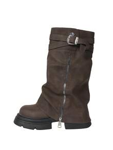 2025 秋冬棕色拉链金属装饰带踝靴，厚底方头休闲街头音乐节时尚百搭新款女靴