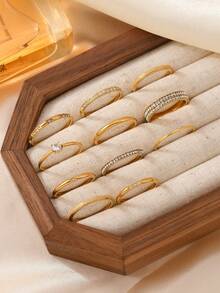 5/6/11 件时尚优雅不锈钢戒指套装，18k 镀金，珠饰钻石，适合女性日常佩戴，可搭配节日、约会、婚礼珠宝礼物 - 金色 - 查看 8