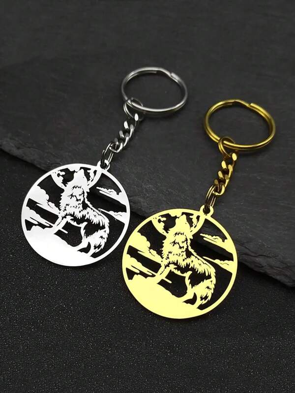 Hollow Howling Wolf Pack Pendant Keychain, Stainless Steel Gold/Silver, Sky Animal Lover Men Women Cute Keyring Backpack For School Animal