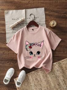 Tween Girls Casual Graphic Print Crew Neck Short Sleeve T-Shirt, Summer Tops