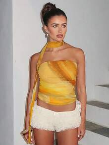 Women's Ruched Tube Tops Fashion Print Strapless Mesh Overlay Bandeau Tops Slim Fit Shirts With Scarf - Yellow - View 2