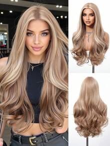28 英寸长波浪渐变棕色合成假发中分浅金色长卷发假发适合女士日常派对角色扮演假发