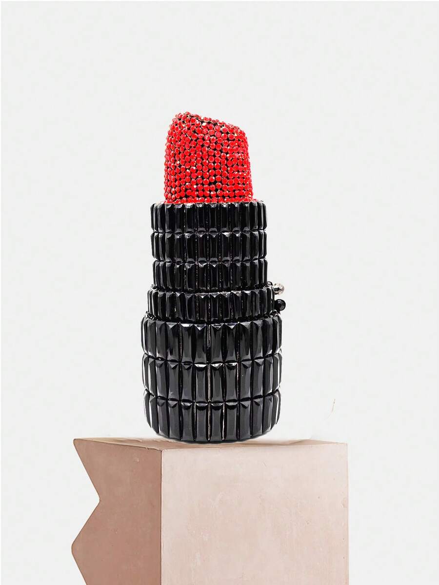 女士奢华水钻口红手拿包钱包水晶新款时尚新颖女式晚宴包派对晚宴手提包和钱包 - 黑色 - 查看 1