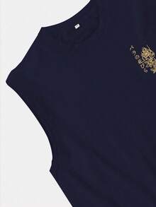 男士休闲无袖背心，创意文字图案，透气吸湿排汗弹力打底衫，适合健身训练，夏季 - 藏蓝色 - 查看 4