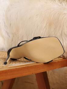 性感时尚绑带穆勒鞋方头细高跟休闲百搭黑色高跟凉鞋，适合女士春夏穿搭 - 黑色 - 查看 7