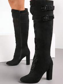 Vintage elegante Overknee-Stiefel mit verstellbarem Schnallenverschluss und spitzer Zehenpartie - Schwarz - Übersicht 1