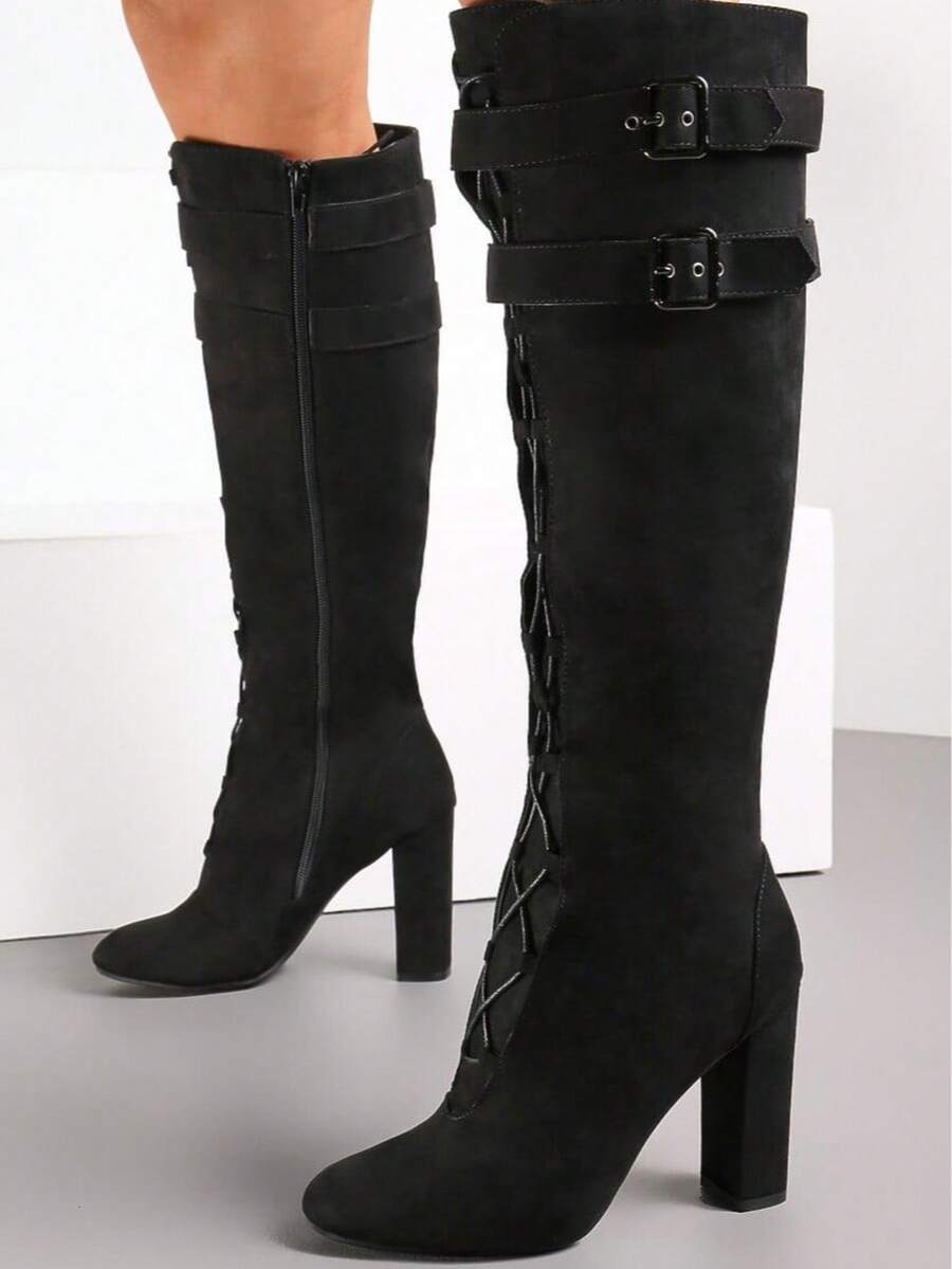 Vintage elegante Overknee-Stiefel mit verstellbarem Schnallenverschluss und spitzer Zehenpartie - Schwarz - Übersicht 1