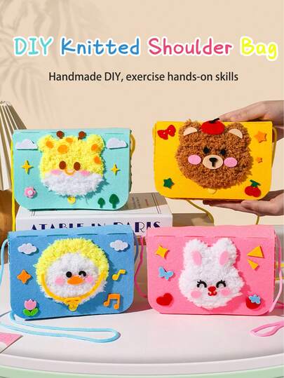1 件卡通动物针织毡包、3D 贴花无纺布包制作套件、零钱包、小斜挎包、针织刺绣工艺品、DIY 材料包、儿童益智玩具