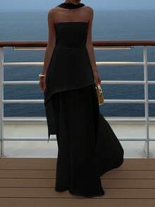 魅力十足的纯色优雅不对称连衣裙，适合晚宴、假日、婚礼、生日、正式晚宴、返校派对、单身派对等场合。 - 黑色 - 查看 8