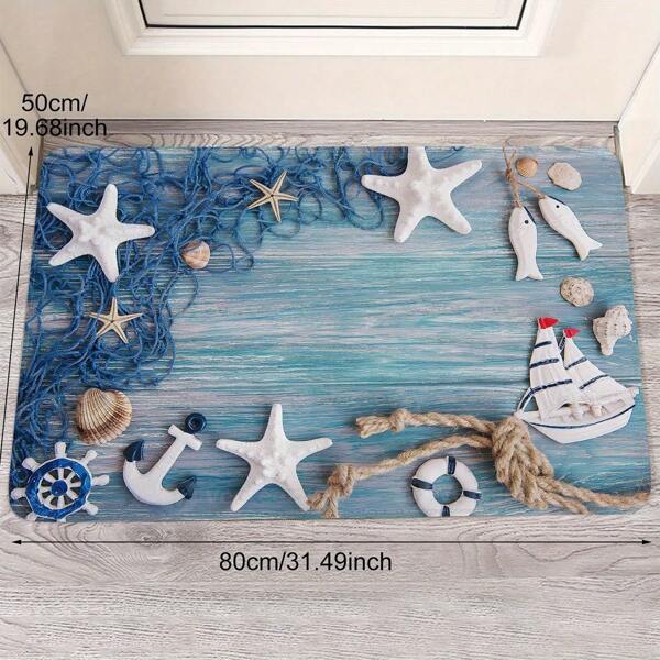 1 Pieza de Alfombra de Piso con Estampado de Conchas y Estrellas de Mar del Océano - Perfecta para Entradas Interiores/Exteriores, Uso en Cocina, Alfombras de Baño, Alfombras de Entrada Exterior, Alfombras de Puerta, Alfombras Decorativas de Interior, Decoración de Habitación, Alfombras de Piso de Fibra de Poliéster - Decoración de Estilo Costero para Vacaciones, Opción Perfecta para Decoración de Entrada, Baño y Cocina en Navidad y Acción de Gracias