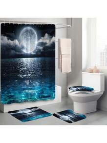 1 pièce/4 pièces Ensemble de salle de bain motif lac sous clair de lune avec rideaux de douche multifonctions (12 crochets), tapis de bain, tapis en U, housse de siège de toilette ronde, adapté à tous les scénarios, rentrée scolaire