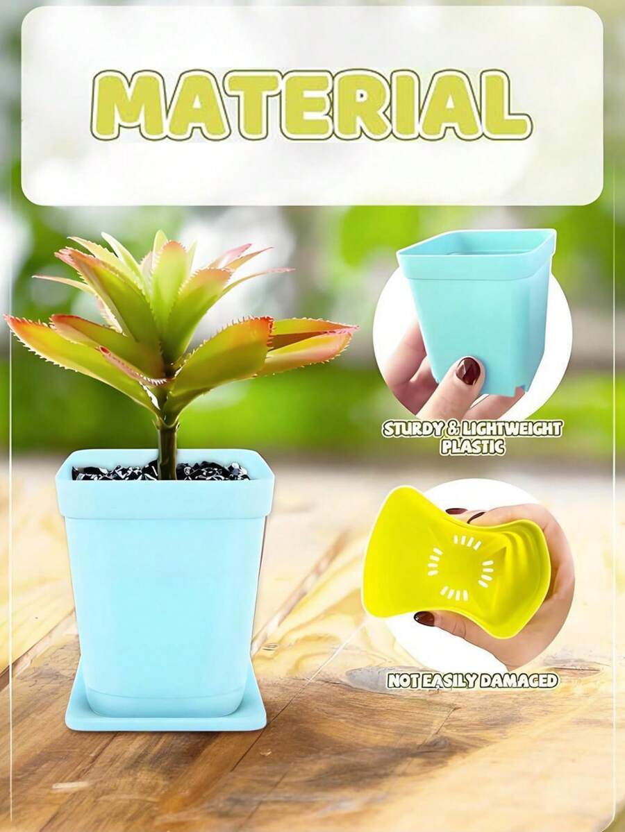 [休闲风格] 方形塑料花盆带托盘方形塑料带排水孔适用于室内和室外休闲风格方形植物育苗盆，多色小型移栽花盆适用于室内室外、多肉植物、办公室家庭花园和阳台装饰