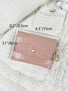 鳄鱼压纹翻盖石压纹迷你钱包口袋钱包时尚简约卡包轻薄便携现金身份证信用卡零钱袋生日礼物周年纪念礼物情侣女士女孩女士青少年大学生学校学生男士 - 粉色 - 查看 5