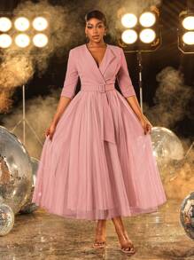 Faeriesty Elegante vestido de cóctel midi con cuello cruzado y cinturón