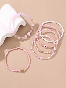 6pcs/Set Girls' Heart Shaped Bead Mixed Color Charm Bracelets