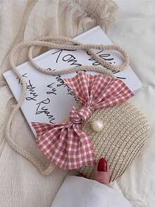 1 Stück handgemachte, naturinspirierte Mini-Stroh-Schleife-Umhängetasche, minimalistischer, frischer und einfacher Stil für Frauen