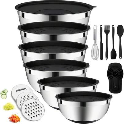 Mixing Bowls With Airtight Lids Set, 20 PCS Kitchen Gadgets Set, 6 Stainless Steel Bowls,3 Grater Attachments,Non-Slip Silicone Bottoms,Great For Serving&Baking,Size 5, 4, 3.5, 2.1, 1.5, 1.1QT (Khaki)