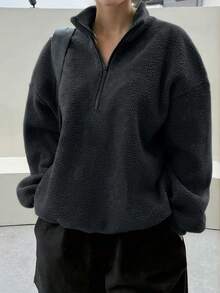 Plus Personalized Minimalist High Collar Fleece Zip Up Sweatshirt, Suitable For Holiday, Airport, Daily Wear, Autumn/Winter - Black - View 6