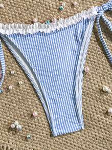Set di bikini estivo da donna per la spiaggia e le vacanze, a righe, con rouche, laccetti laterali e fascia per il collo