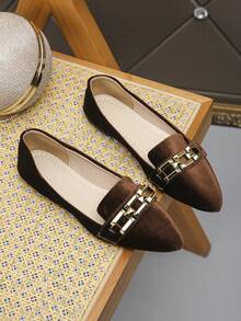 Women's Plus Size 35-45 Pointed Toe Flat Shoes, New Autumn Style Outdoor Daily Metal Chain Decor Brown Suede Soft Bottom Work Driving Loafers