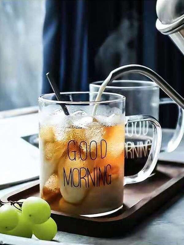 1 cană de sticlă cu imprimeu de bună dimineața de 480 ml, cană transparentă cu mâner, cană pentru micul dejun, cană de cafea de capacitate mare, cană de lapte, cană de apă pentru biroul de acasă, cană de băutură cu gheață de vară, ceașcă de ceai simplă, cadou practic creativ