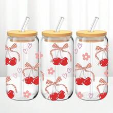 1pc16oz Bow Cherry Multi-Style Glass Cup, Double-Layer Insulated Straw Cup With Wooden Cup Lid, Special Drinking Cup For Girls, Birthday Gift For Girlfriend, Anniversary Gift, Valentine's Day Gift