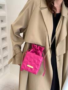 Drawstring Closure Square Mini Chain Shoulder Bag - Hot Pink - View 9