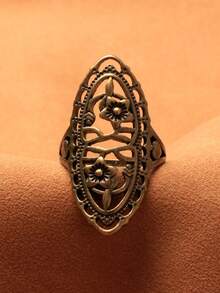 1pc Hollow Flower Design Long Ring, Antique Silver Plated Alloy, Multi-Color Options - White K - View 6