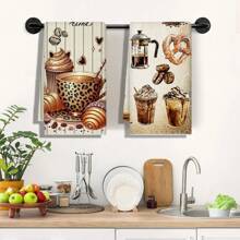 2pcs Coffee Enthusiast Kitchen Towels - Supersoft Polyester, Absorbent Dish Cloths With Latte & Cappuccino Art Prints - Great For Cafe Decor, Housewarming Gifts, Coffee Bar Accessories, 18*28in