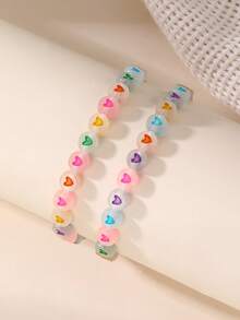2pcs/Set Girls Neon Green Heart-Shaped Beaded Anklet Set - Multicolor - View 4