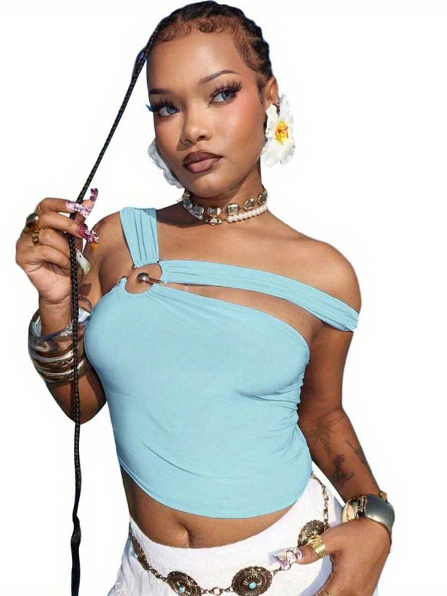 Women Ring Tank Tops Slim Solid Backless Crop Asymmetrical Shirts - Blue - View 1