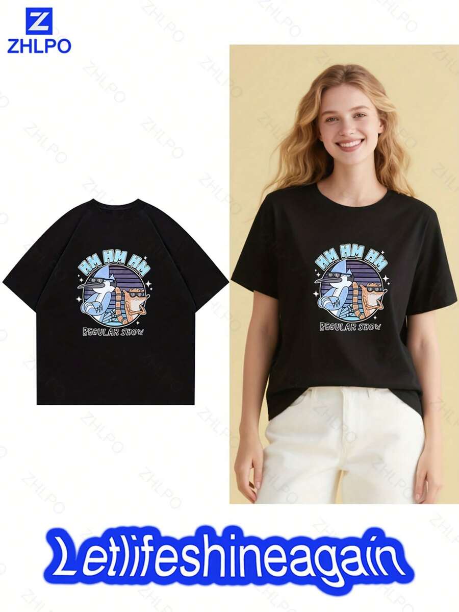 Regular Show Cartoon Characters Pattern Black Short Sleeve T-Shirt Baseball Player In Flag Design White T-Shirt Theme T-Shirt Men's Over Size Cotton 100% 180g Tops Comfortable Breathable Spring/Summer Short Sleeved O-Neck Women's Casual Printed Knitted Black/White - 黑色 - 查看 1